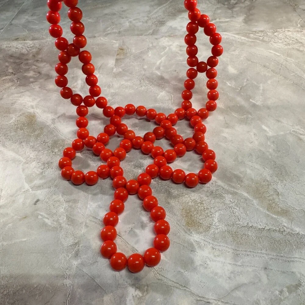 Bold Red Orange Beaded Statement Necklace With Intricate Design By Mika - Picture 5 of 5